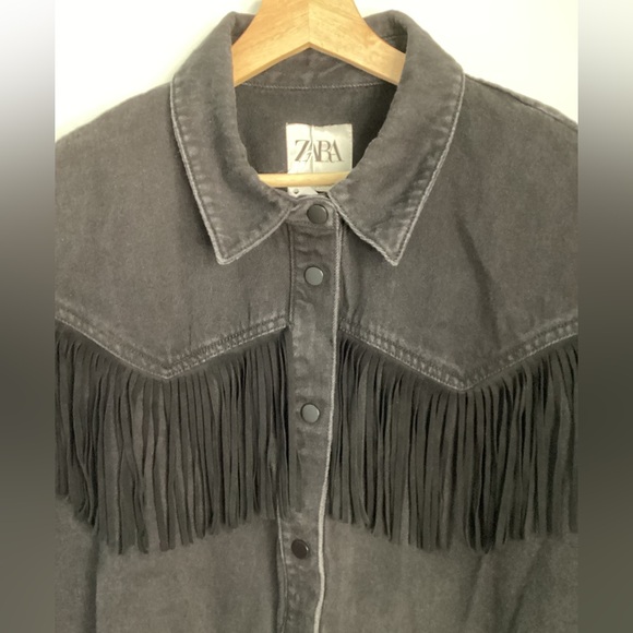 Zara Charcoal Fringe Denim Jacket L - Picture 3 of 14